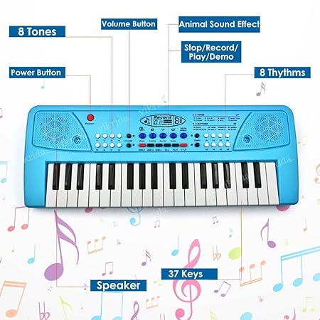Vikrida 37 Key Piano Keyboard with Recording and Mic with Musical Guitar for Kids, Blue