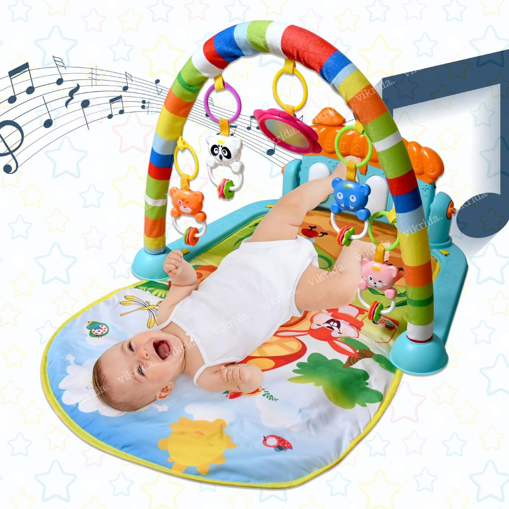 VikriDA 3 in 1 Musical Keyboard Mat Piano Gym Mat Gym & Fitness Rack | Electronic Multi Functional and Play Musical Keyboard with Hanging Rattlers Toys - Blue