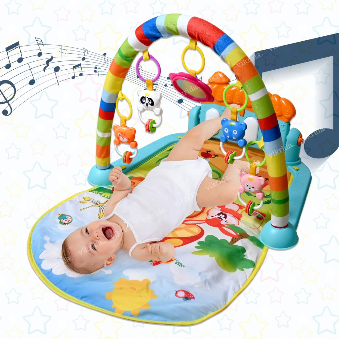 VikriDA 3 in 1 Musical Keyboard Mat Piano Gym Mat Gym & Fitness Rack | Electronic Multi Functional and Play Musical Keyboard with Hanging Rattlers Toys - Blue