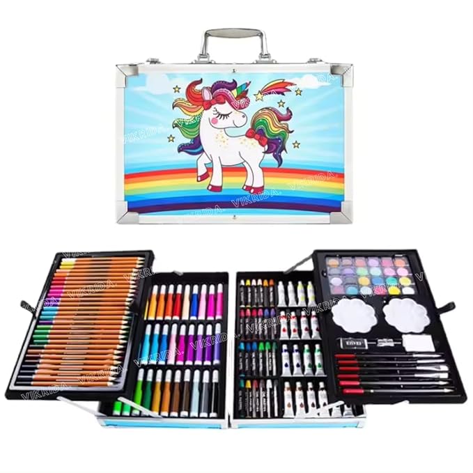 VikriDA Unicorn Big Coloring Suitcase - Art & Craft Painting Box - 145Pieces Color Kit (Water Color, Pastel Color, Sketches & Acrylic Paint Brush), Blue