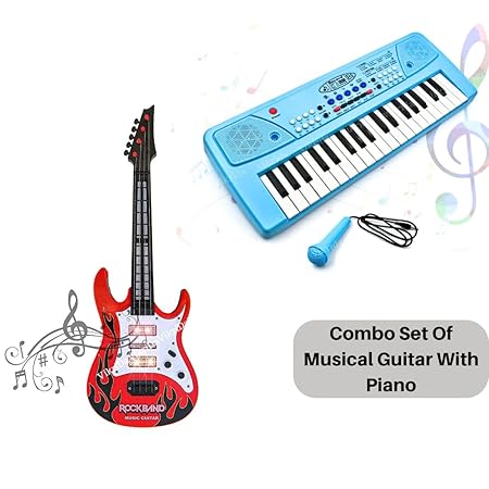 Vikrida 37 Key Piano Keyboard with Recording and Mic with Musical Guitar for Kids, Blue