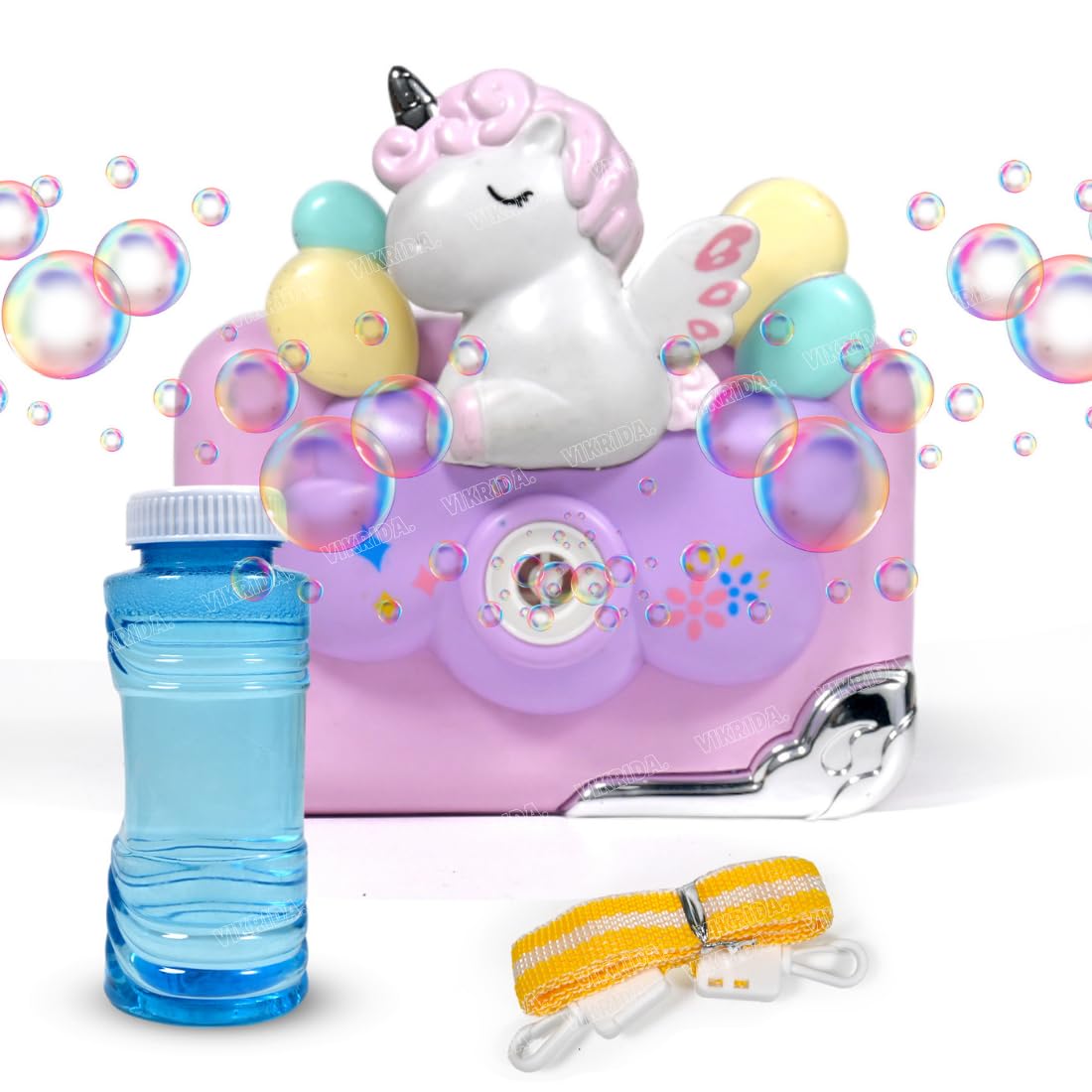Vikrida Camera Bubble Machine for Kids - Camera Shaped Bubble Toy with Neck Strap and 1 bottle Solution - Small Bubble Machine for Kids with Sounds, Music, and Lights for Extra Fun for Kids - Unicorn