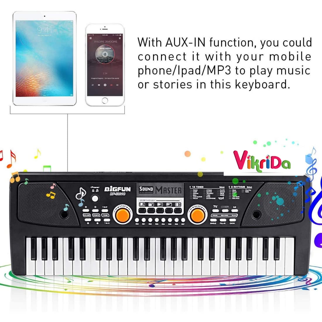 VikriDA 49 Key Piano Keyboard with DC Power Option, Recording Microphone with Wire,