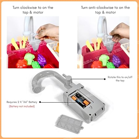 Vikrida Plastic Play Sink with Running Water, Kids Play Kitchen Toy Sink Electronic Dishwasher, Working Faucet Vegetable Fruits and Dishes Playset - Multicolor