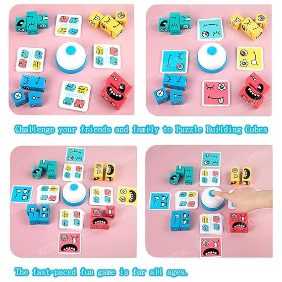 VikriDA Emoji Cube face Game with Bell for Kids | Expressions Matching Block Puzzle Toy Toddler Toy | Cute Face Changing Cube with 16 Cube Parent-Child Board Games | Preschool