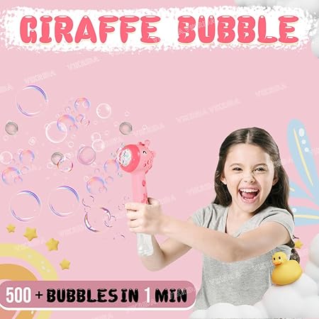 VikriDA Giraffe Bubble Machine Gun, Bubbles Wands Maker for Toddlers with Bubble Solution 4 AA Battery Party Favors - Pink