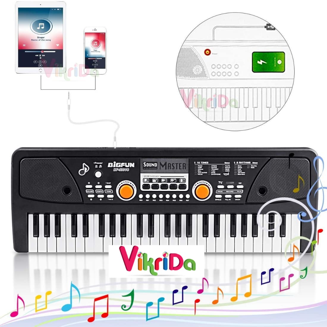 VikriDA 49 Key Piano Keyboard with DC Power Option, Recording Microphone with Wire,