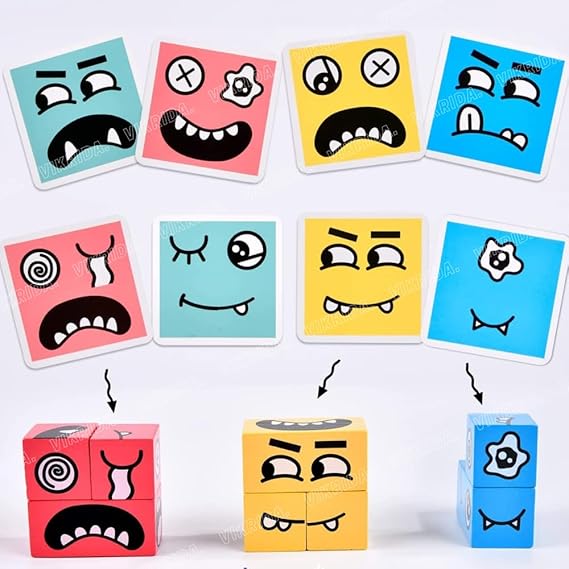 VikriDA Emoji Cube face Game with Bell for Kids | Expressions Matching Block Puzzle Toy Toddler Toy | Cute Face Changing Cube with 16 Cube Parent-Child Board Games | Preschool