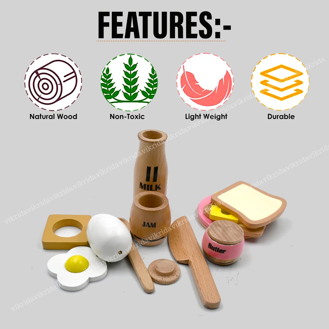 VikriDA Wooden Play Food for Toddlers - 16 Pieces Breakfast Pretend Toy Food