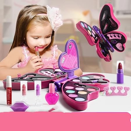 Vikrida 2 in 1 Big Size Butterfly Shape Cosmetics Makeup Kit and Nail Art Kit | Pretend Play Toy Non Toxic Deluxe Plastic Make up Case Set for Kids - Pink Color