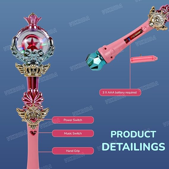 VikriDA Princess Fairy Magic Wand Moon Styling Stick Flashing Toy with Music and Light for Kids (Big Size Light Music Wand)