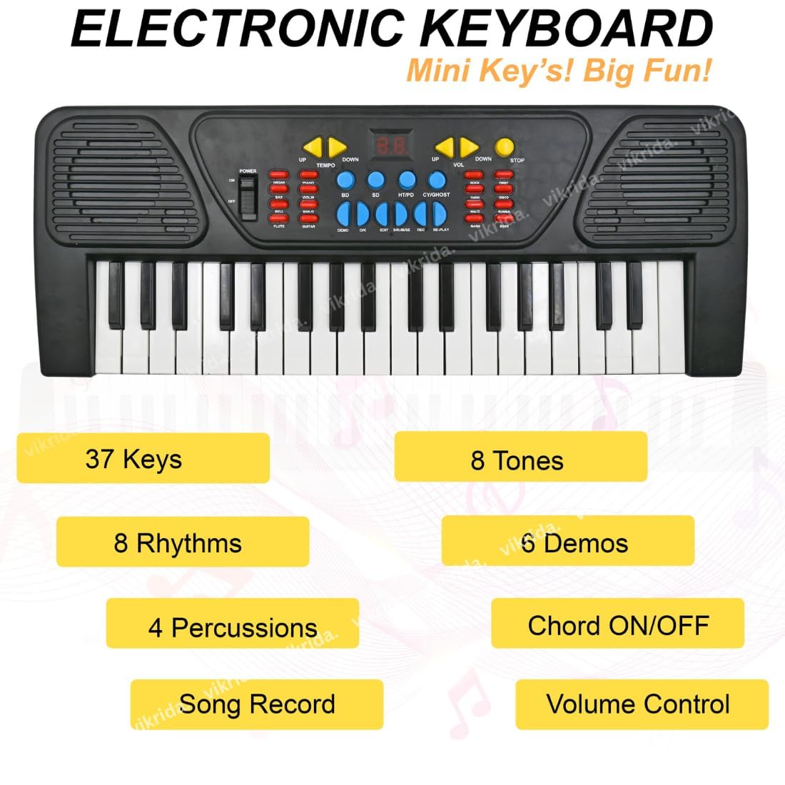 VikriDA 37 Keys Music Piano with Adapter & Microphone Portable Multi-Function Electronic Educational Musical | Kids Piano Keyboard, (Piano with Adapter)
