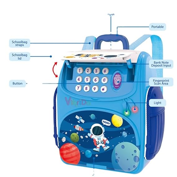 VikriDA Mini Atm Modern Piggy Bank, Money Saving Bank For Real Money Cash Coin|School Bag Musical Money Safe Kids Piggy Savings Bank With Finger Print Sensor-Blue