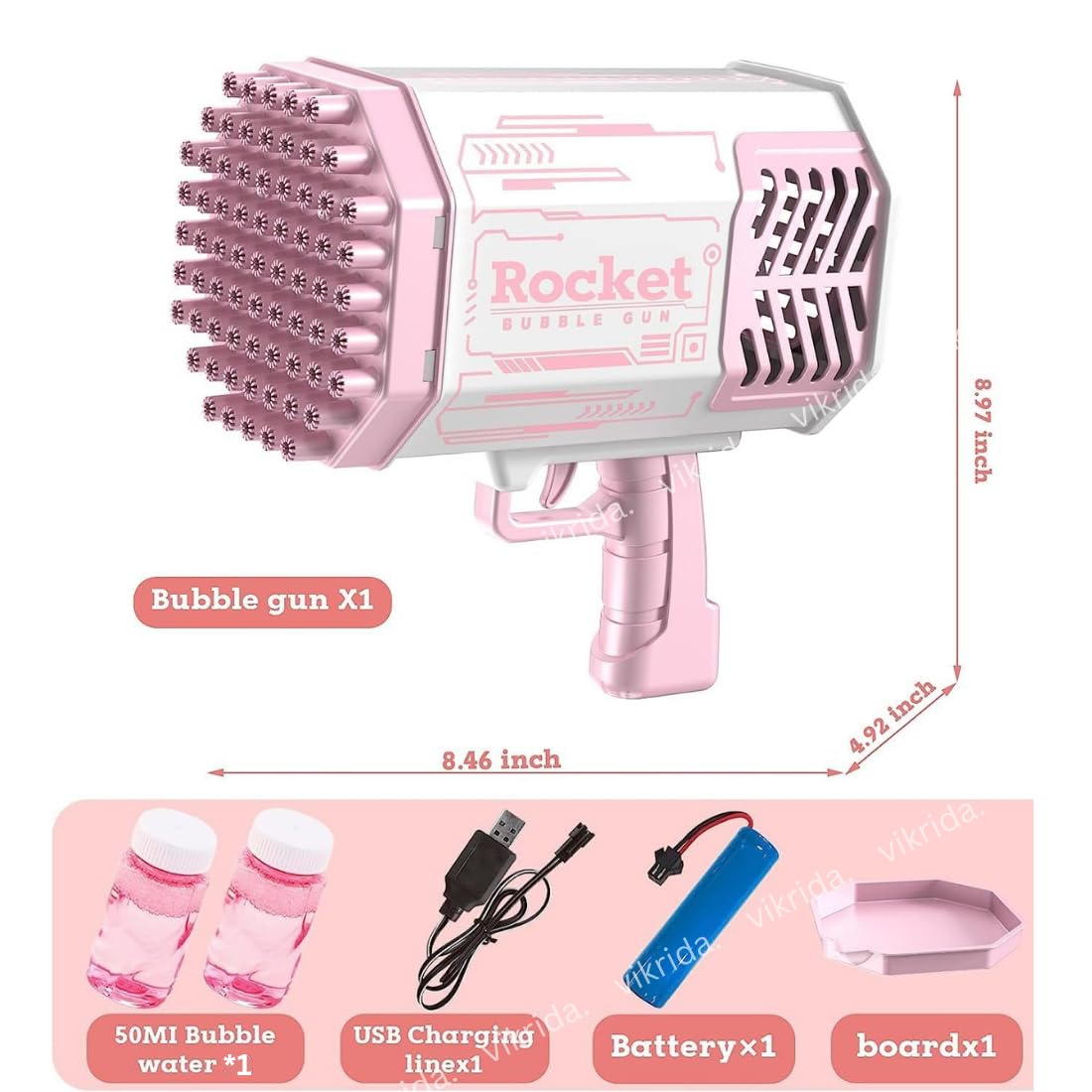Vikrida 69 Hole Automatic Bazooka Bubble Gun for Kids with Colorful Lights & Colourful Bubble - Pink