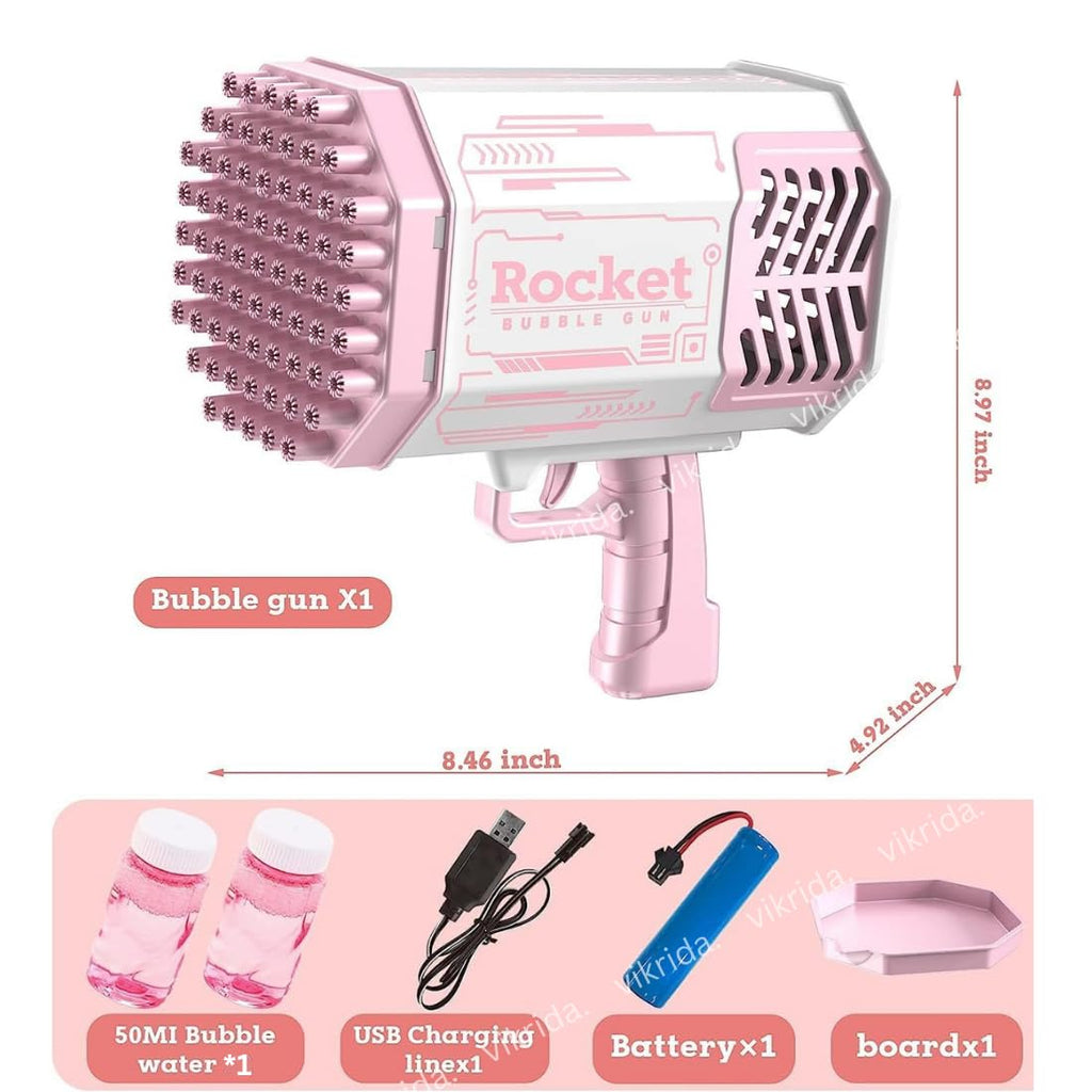 Vikrida 69 Hole Automatic Bazooka Bubble Gun for Kids with Colorful Lights & Colourful Bubble - Pink