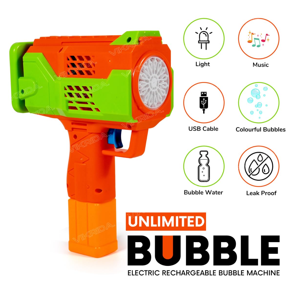 VikriDA Rechargeable Bubble Machine for Kids - Automatic Bubble Gun, Leak-Proof Design with 2 Bubble Solution, Toddler Outdoor Toys, Gift for Kids, Boys Age 3 4 5 6 7 8 Years Old- Multicolor