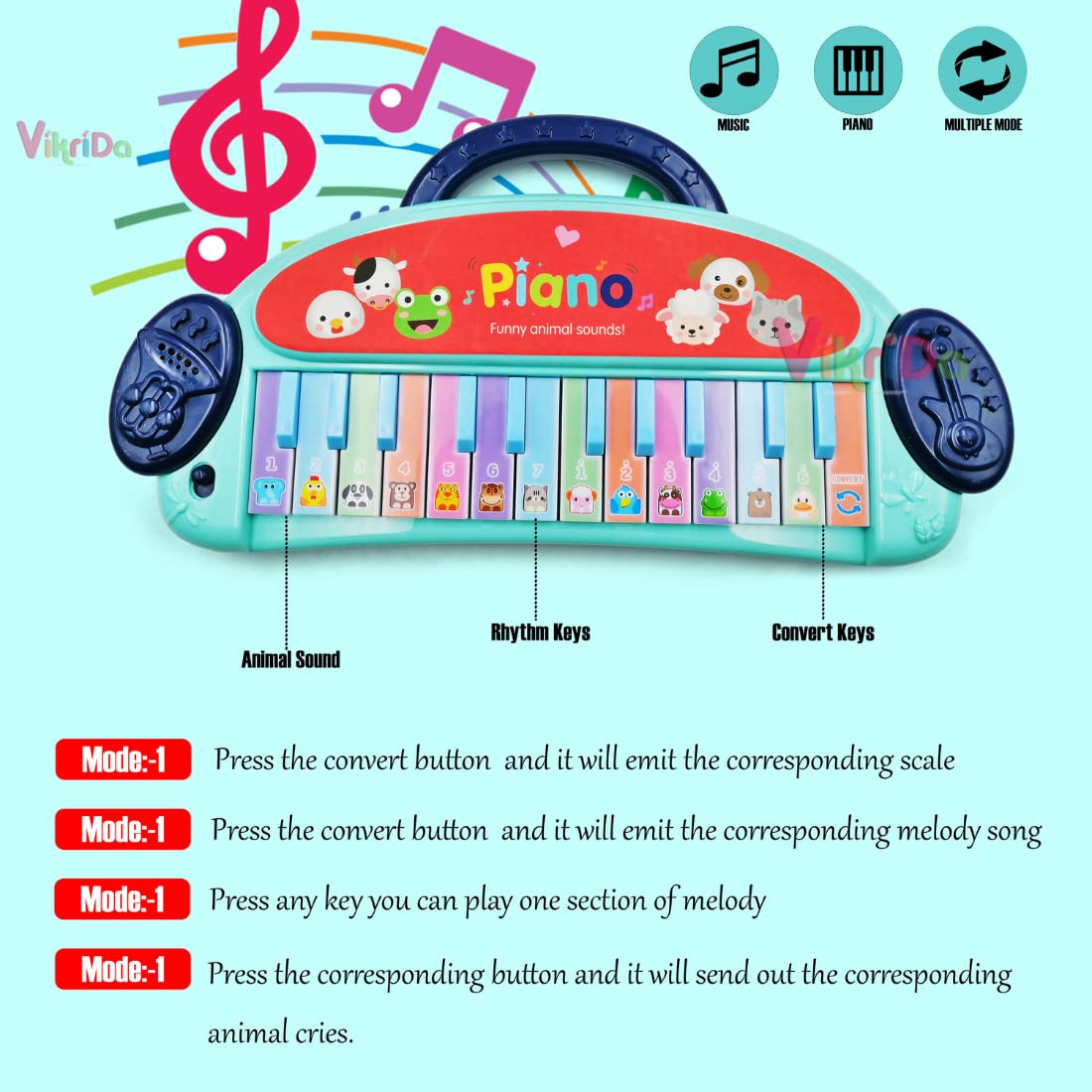 VikriDA Mini Piano Keyboard Toy for Kids Multifunction Baby Musical Instrument Educational Toys for Boys and Girls - Blue