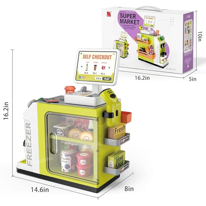VikriDa 46-Piece Pretend Play Cash Register Toy Set with Water Outlet Function - Calculator, Shopping Bag, Scanners, Credit Cards, Coffee Machine, Play Food - Gift for Boys and Girls Ages 3+ (Green)