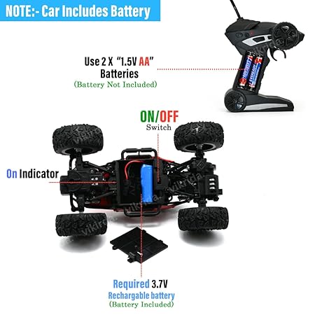 VikriDA Remote Control car with Mist Smoke Spray Function 1:18 Rock Crawler 2 WD High Speed Rechargeable Off-Road Monster Truck 45° Angle Climbing Car Toy for Kids - Red Color
