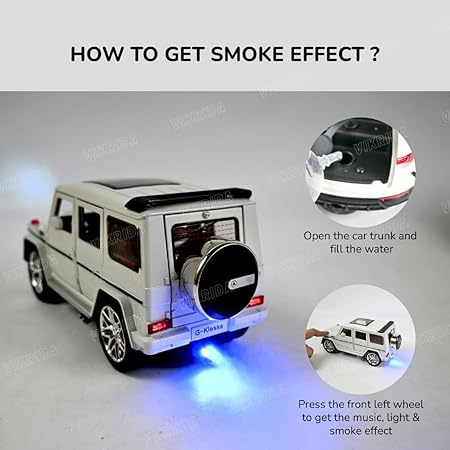 VikriDA Big Size car Model 1/24 Benz G63 AMG Model Car, Zinc Alloy Pull Back Toy car with Smoke,Sound and Light for Kids Boy Girl Gift (White)