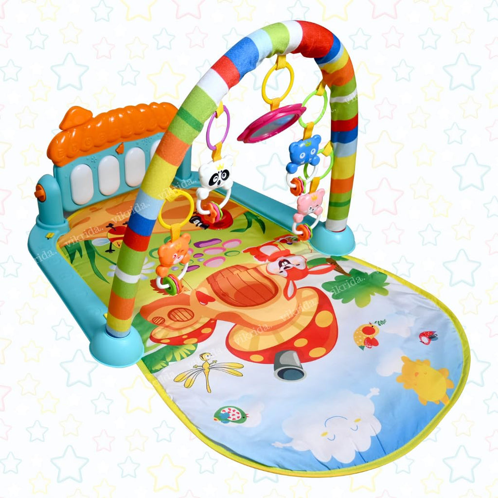 VikriDA 3 in 1 Musical Keyboard Mat Piano Gym Mat Gym & Fitness Rack | Electronic Multi Functional and Play Musical Keyboard with Hanging Rattlers Toys - Blue