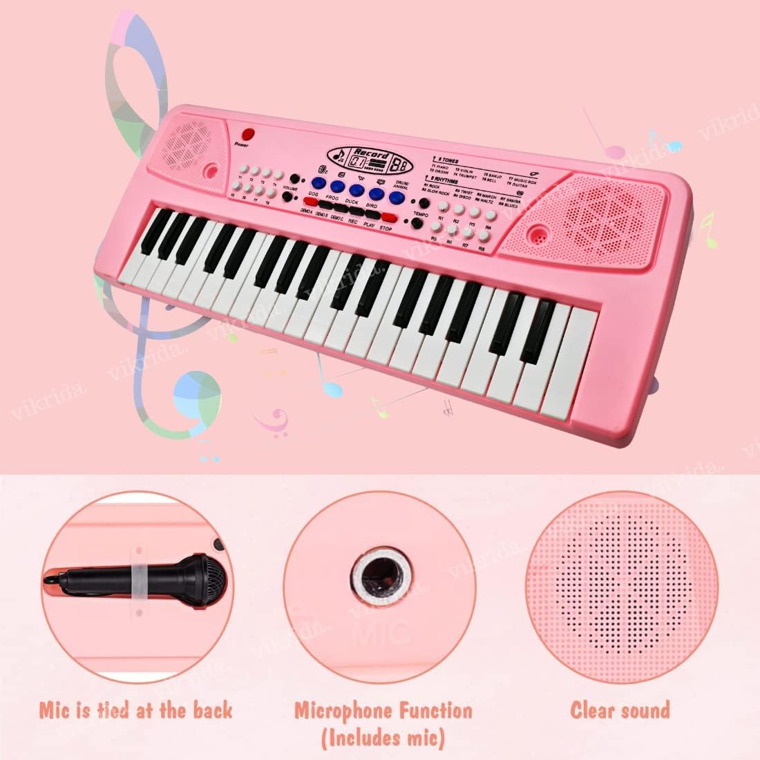 Vikrida Kids Keyboard Piano, 37 Keys Piano Keyboard with Musical Guitar for kids ( Pink Color Piano with Guitar )