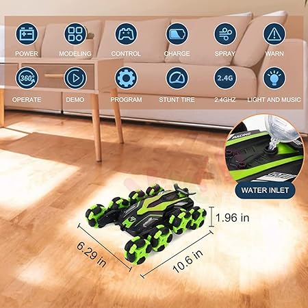 VikriDA Remote Control Car 2.4Ghz RC Drift Stunt Car, 360° Rotating Remote Control Cars with Spray & LED Lights Toy for Kids