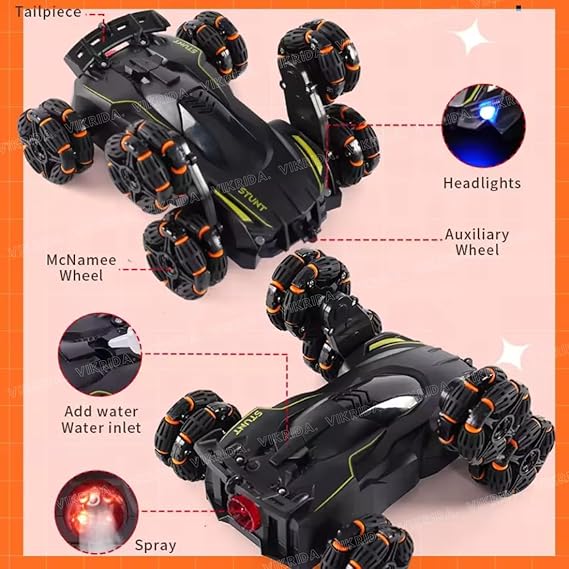 VikriDA Remote Control 6WD Drift Stunt Car for Kids | 360° Rotating Spray Car with 2.4 GHz Controller - Mat Black