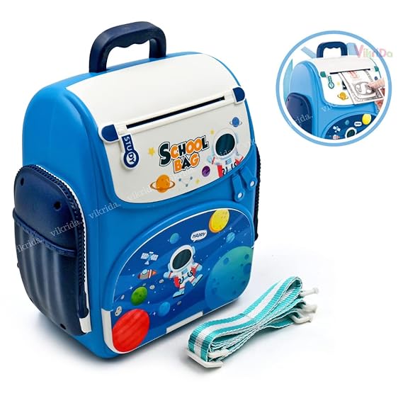 VikriDA Mini Atm Modern Piggy Bank, Money Saving Bank For Real Money Cash Coin|School Bag Musical Money Safe Kids Piggy Savings Bank With Finger Print Sensor-Blue