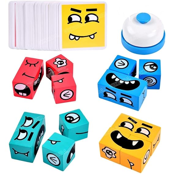 VikriDA Emoji Cube face Game with Bell for Kids | Expressions Matching Block Puzzle Toy Toddler Toy | Cute Face Changing Cube with 16 Cube Parent-Child Board Games | Preschool