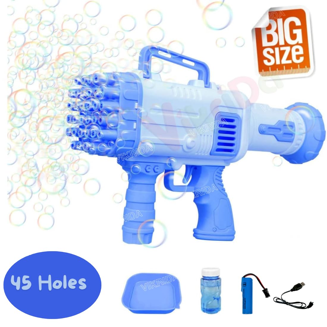 Vikrida Big Size, 45 Holes Bubble Gun,one bottle Bubble Solution with Rechargeable Battery and Charging cable, Bubble Making Machine Outdoor Toys for Kids- Multicolor