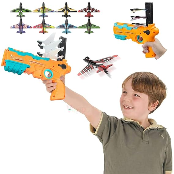 Vikrida Airplane Launcher Toy Catapult aircrafts Gun with 4 Foam aircrafts, Shooting Games Outdoor Sport Activity Birthday Gifts Party Gifts for Kids Orange
