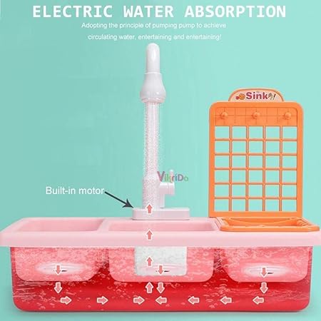 Vikrida Play Sink with Running Water, Sink Electronic Dishwasher, Pretend Role Play Kitchen Toys Set with Upgraded Working Faucet and Dishes Playset for Girls - Multicolor