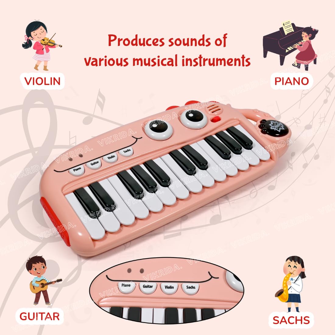 Vikrida 24 Key Mini Cartoon Piano Keyboard | Electronics Piano Keyboard Musical Toy - Pink Mini Dino Piano