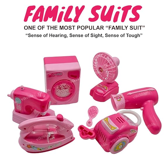 VikriDA Battery Operated Plastic Household Home Appliances Play Set Toys with Realistic Sound for Kids - Pink