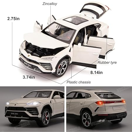 VikriDA Big Size 1:24 Scale Diecast Model Car - Lambo Urus with Smoke,Sound and Light Effects - Pullback Vehicle Toy Collection for Kids, White