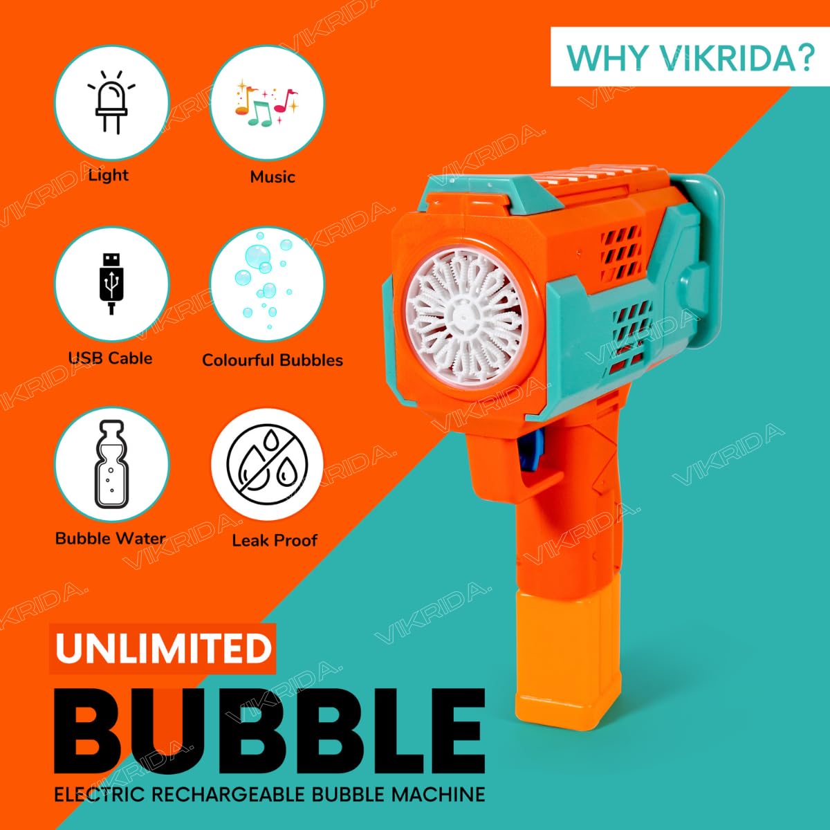 VikriDA Rechargeable Bubble Machine for Kids - Automatic Bubble Gun, Leak-Proof Design with 2 Bubble Solution, Toddler Outdoor Toys, Gift for Kids, Boys Age 3 4 5 6 7 8 Years Old