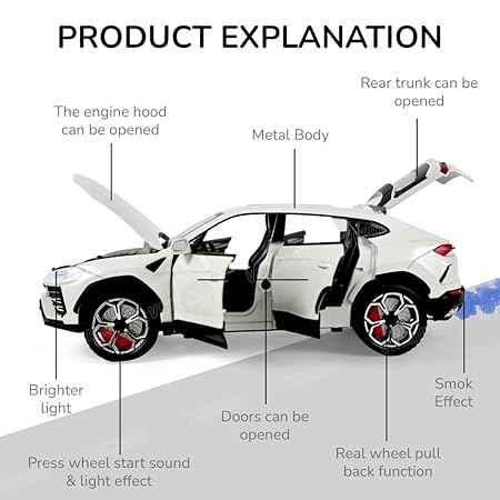 VikriDA Big Size 1:24 Scale Diecast Model Car - Lambo Urus with Smoke,Sound and Light Effects - Pullback Vehicle Toy Collection for Kids, White