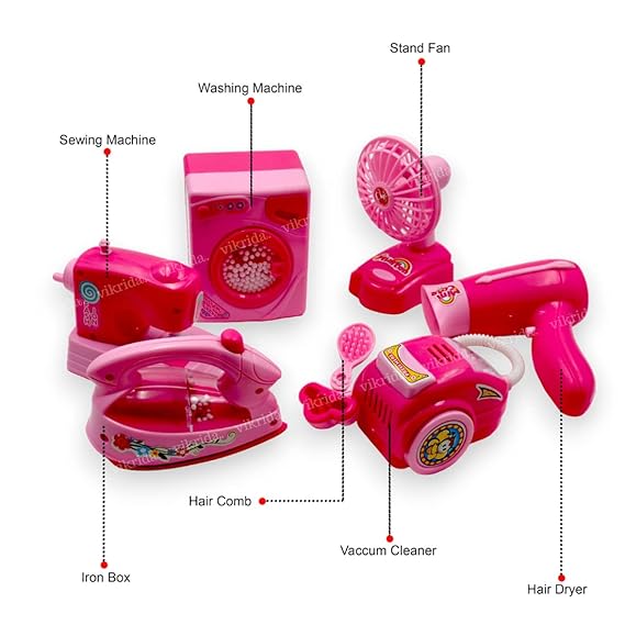 VikriDA Battery Operated Plastic Household Home Appliances Play Set Toys with Realistic Sound for Kids - Pink