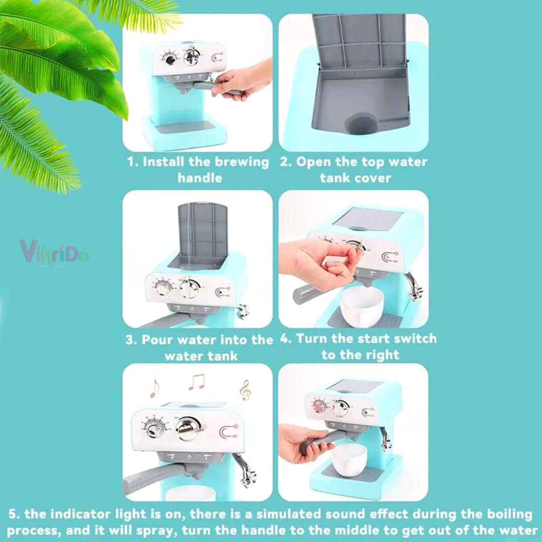 Vikrida Coffee Maker Role Play Pretend Kitchen Appliance for Kids with Realistic Action,