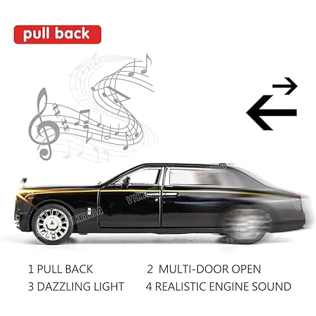 VikriDA 1/24 Rolls-Royce Phantom Model Car,Zinc Alloy Pull Back Toy Diecast Toy Cars with Sound and Light for Kids Boy Girl Gift (Black)