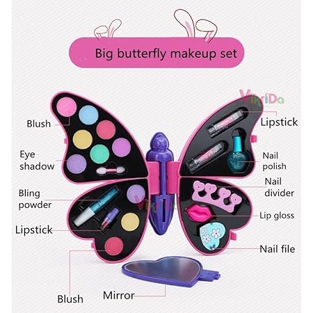 Vikrida 2 in 1 Big Size Butterfly Shape Cosmetics Makeup Kit and Nail Art Kit | Pretend Play Toy Non Toxic Deluxe Plastic Make up Case Set for Kids - Pink Color