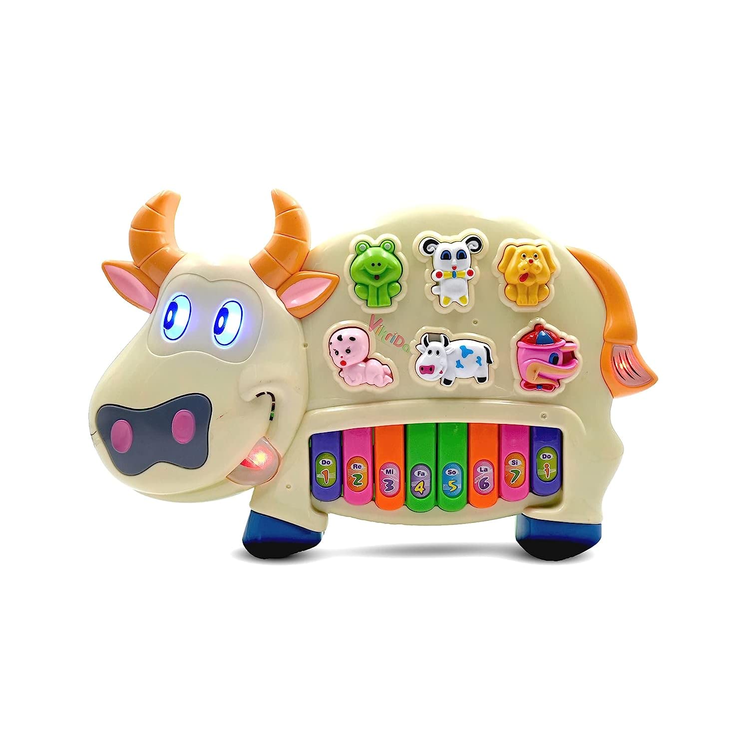 Vikrida Multicolor Musical Cow Piano Toy with Flashing Light & Sound for Kid, Early Development Musical Toy Plastic