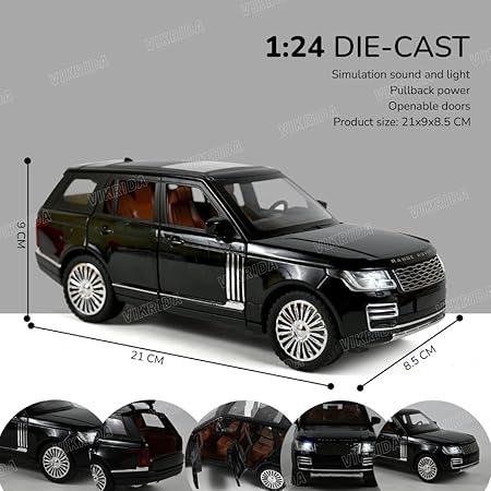 VikriDA 1:24 Scale Diecast Model Car - Range Rover with Sound and Light - Pullback Vehicle Toy Collection for Kids, Black