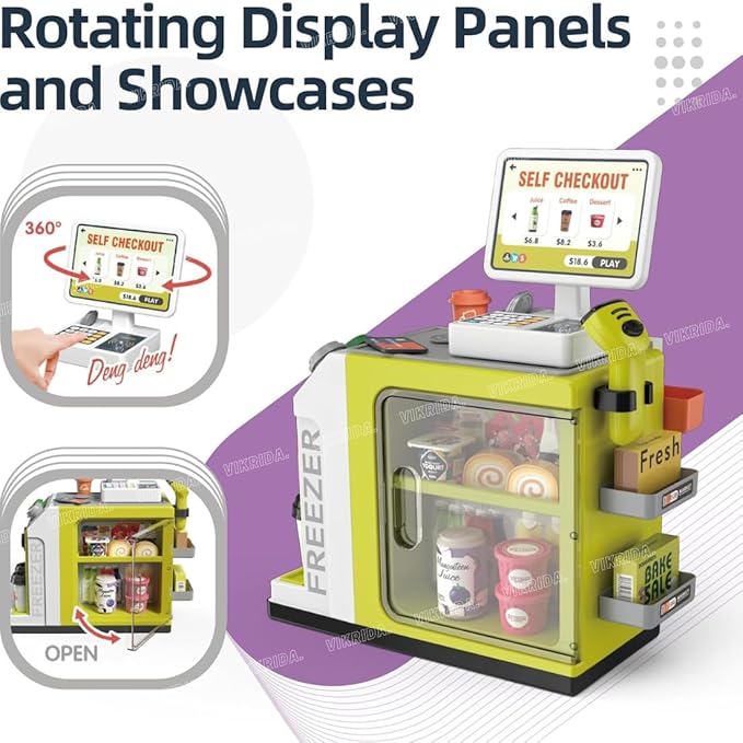 VikriDa 46-Piece Pretend Play Cash Register Toy Set with Water Outlet Function - Calculator, Shopping Bag, Scanners, Credit Cards, Coffee Machine, Play Food - Gift for Boys and Girls Ages 3+ (Green)