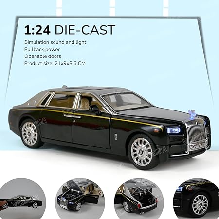 VikriDA Big Size 1/24 Rolls-Royce Phantom Model Car,Zinc Alloy Pull Back Toy Diecast Toy Cars with Sound and Light for Kids Boy Girl Gift (Silver - Black)