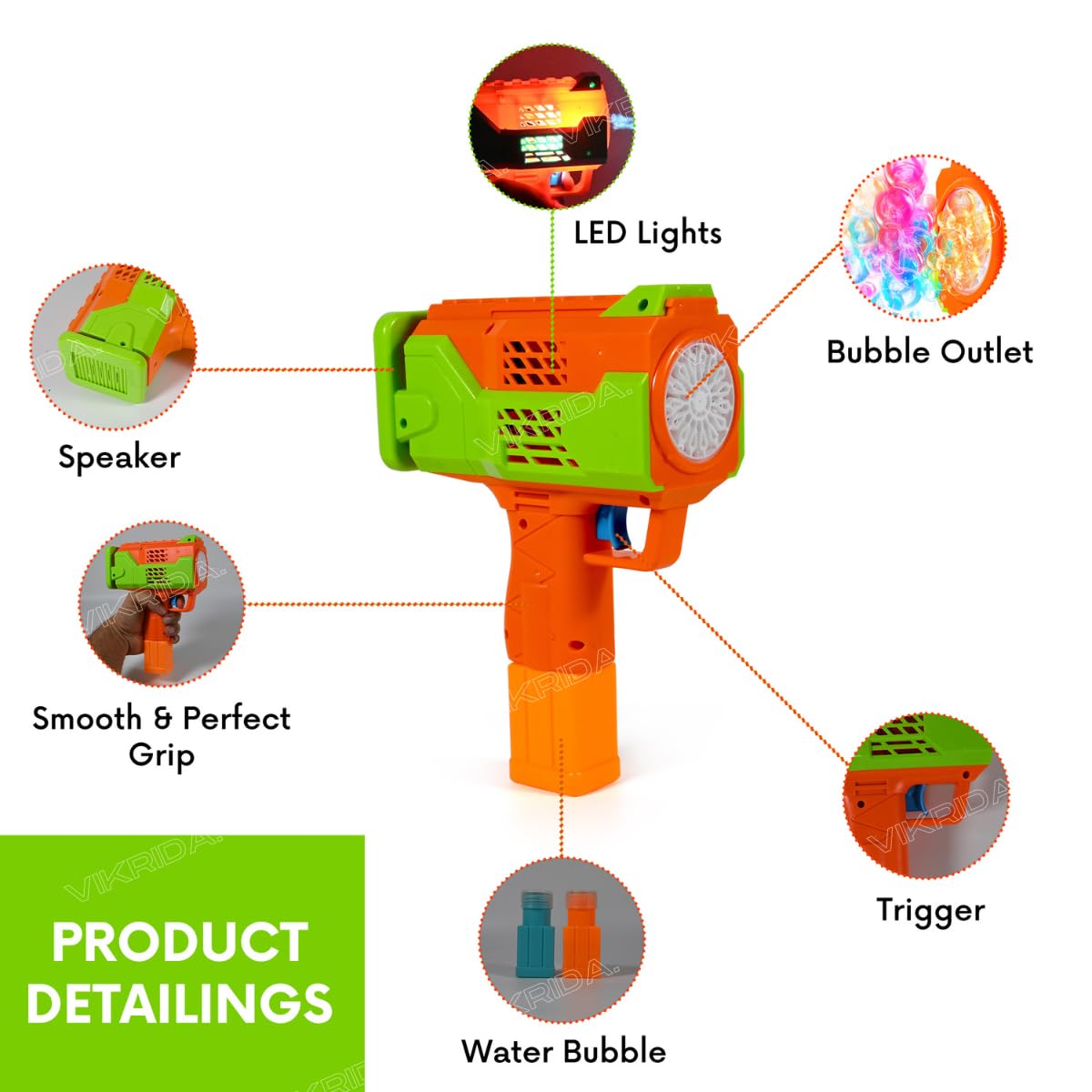 VikriDA Rechargeable Bubble Machine for Kids - Automatic Bubble Gun, Leak-Proof Design with 2 Bubble Solution, Toddler Outdoor Toys, Gift for Kids, Boys Age 3 4 5 6 7 8 Years Old- Multicolor