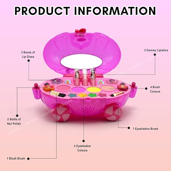 Vikrida Car Shape Cosmetics Makeup Kit | Pretend Play Toy Washable Non Toxic Deluxe Plastic Real Make up Set for Kids - Pink Color