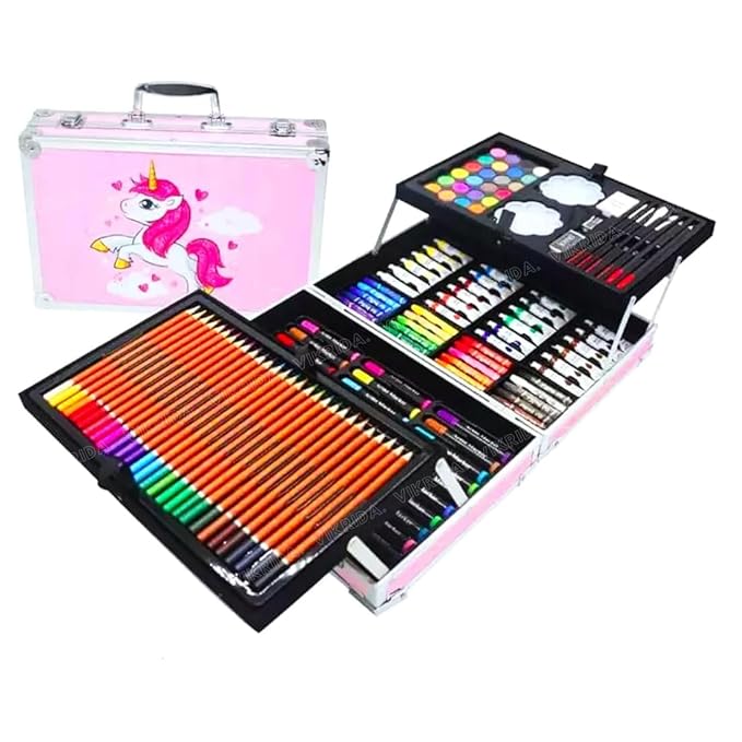 VikriDA Unicorn Big Coloring Suitcase - Art & Craft Painting Box - 145Pieces Color Kit (Water Color, Pastel Color, Sketches & Acrylic Paint Brush), Pink
