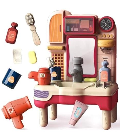 Vikrida Kids Play Sink with Running Water, Pretend Play Washbasin Toys Set with Working Faucet and Play Toothbrush & Blow Dryer for Toddlers - Multicolor